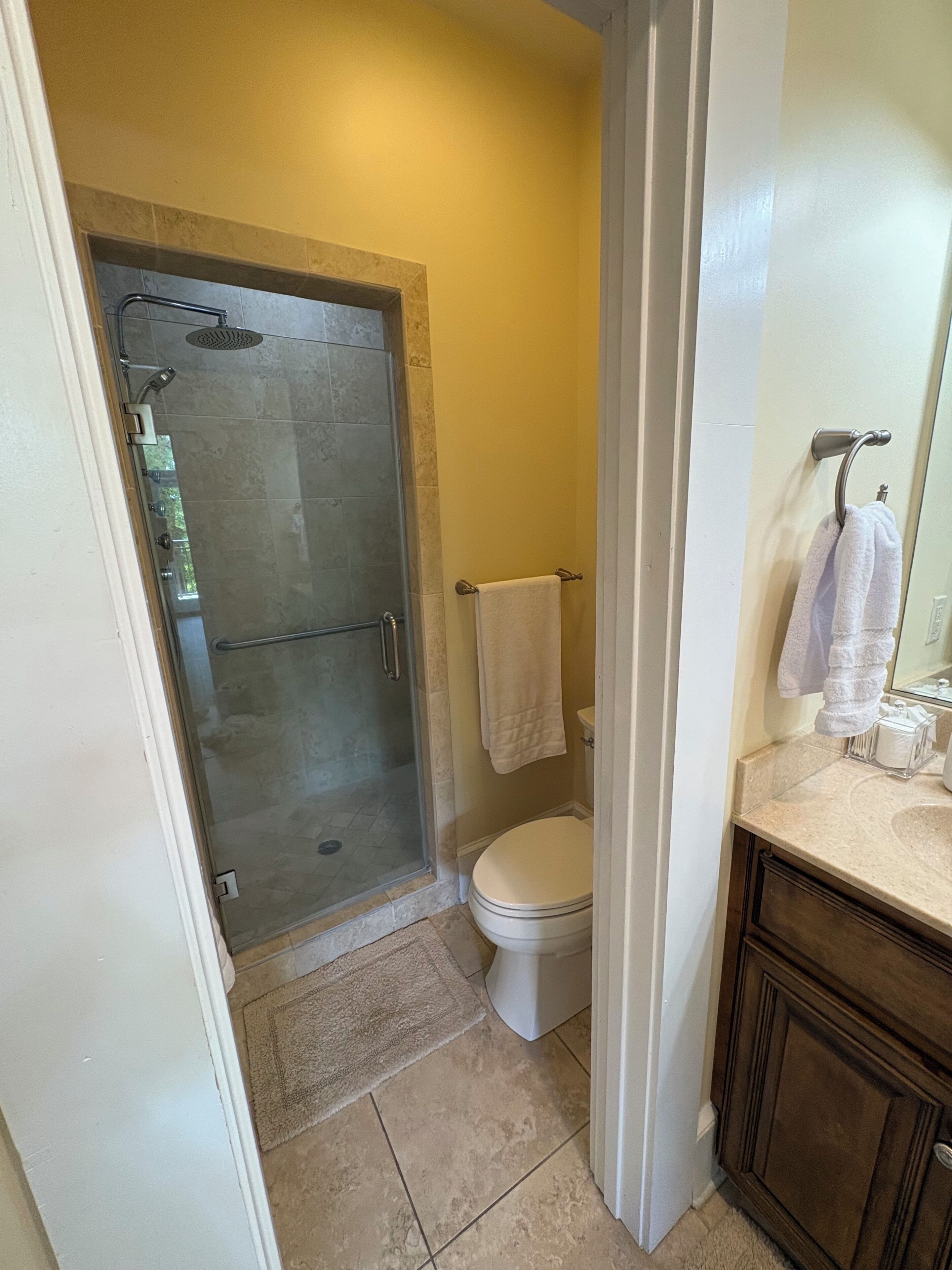 Une salle de bain avec une douche à parois de verre, des toilettes et un lavabo avec un miroir.