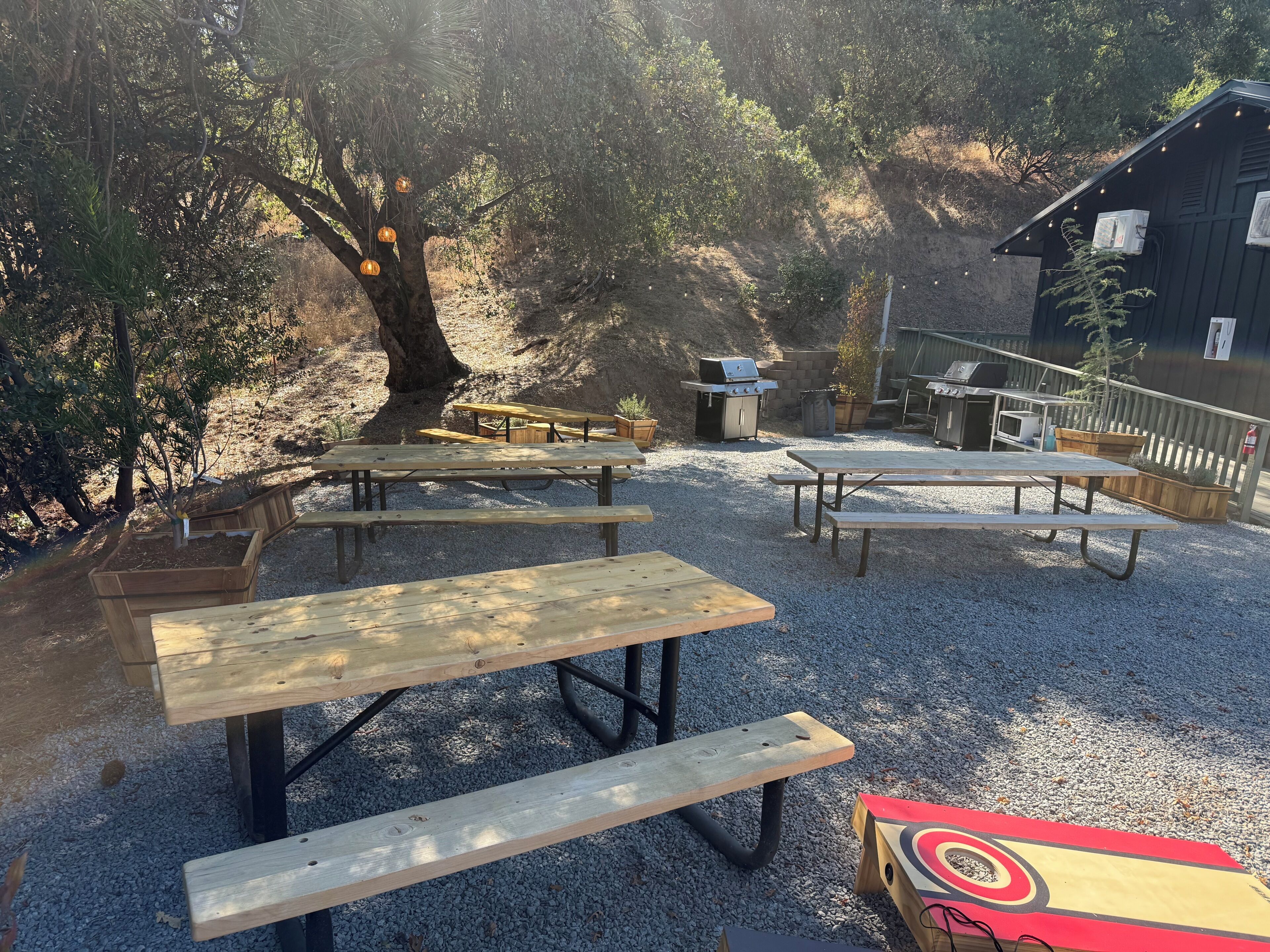 Un área de patio exterior con mesas de picnic, una parrilla y un cobertizo pequeño.