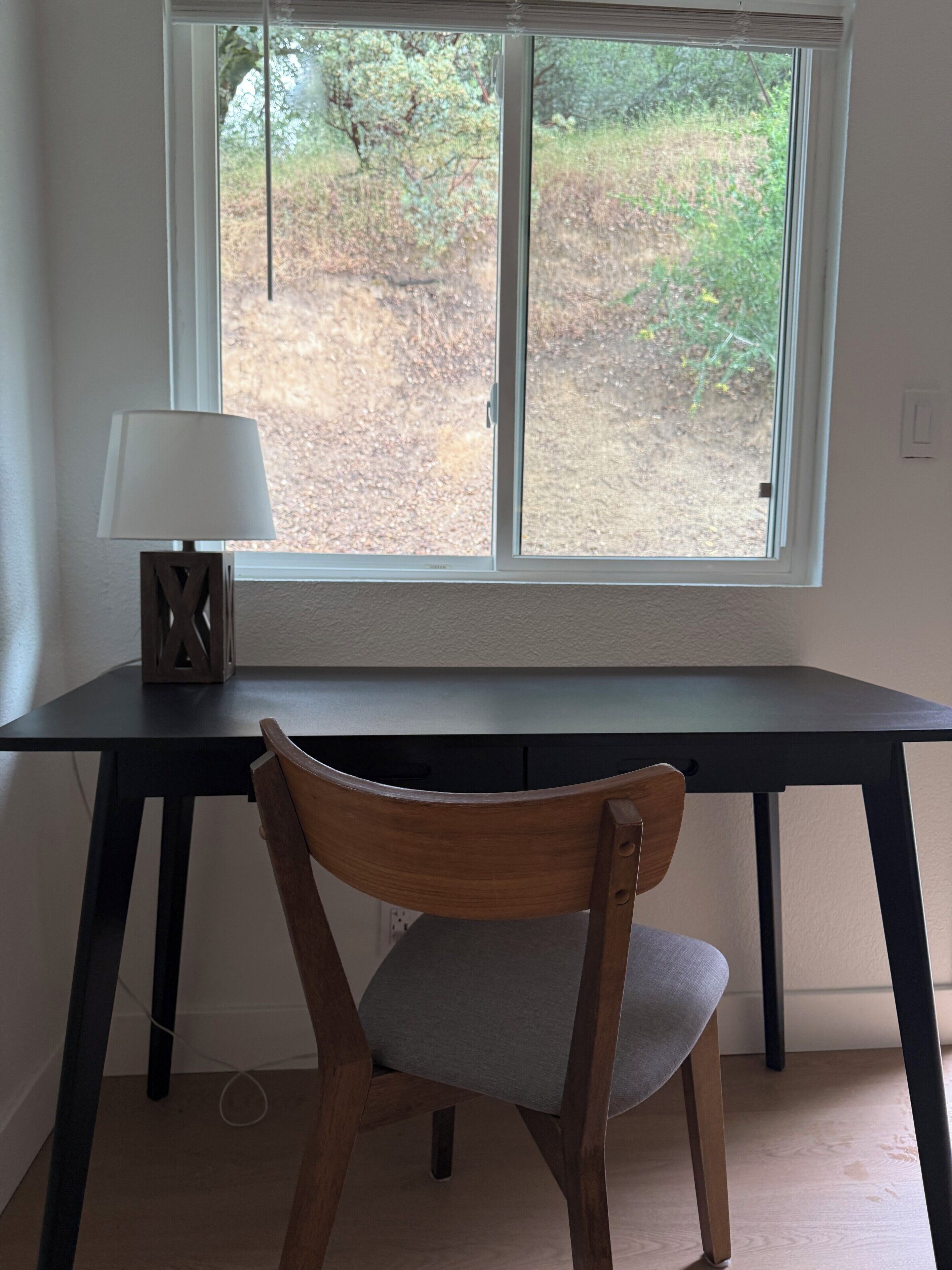 A room with a desk, chair, lamp, and a window with a view of a garden.