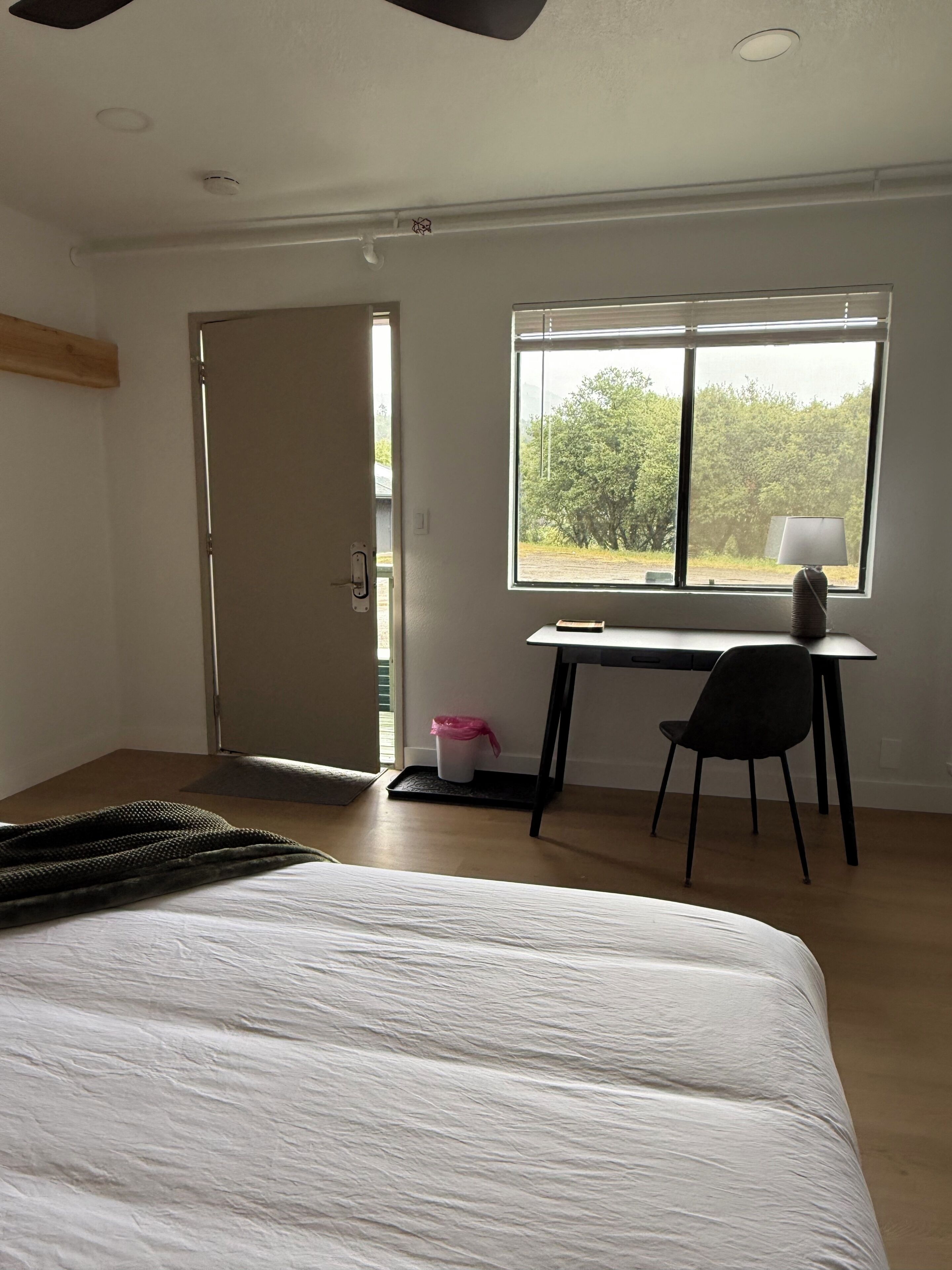 A bedroom with a bed, a desk, a chair, a window with a view of trees, and a door.