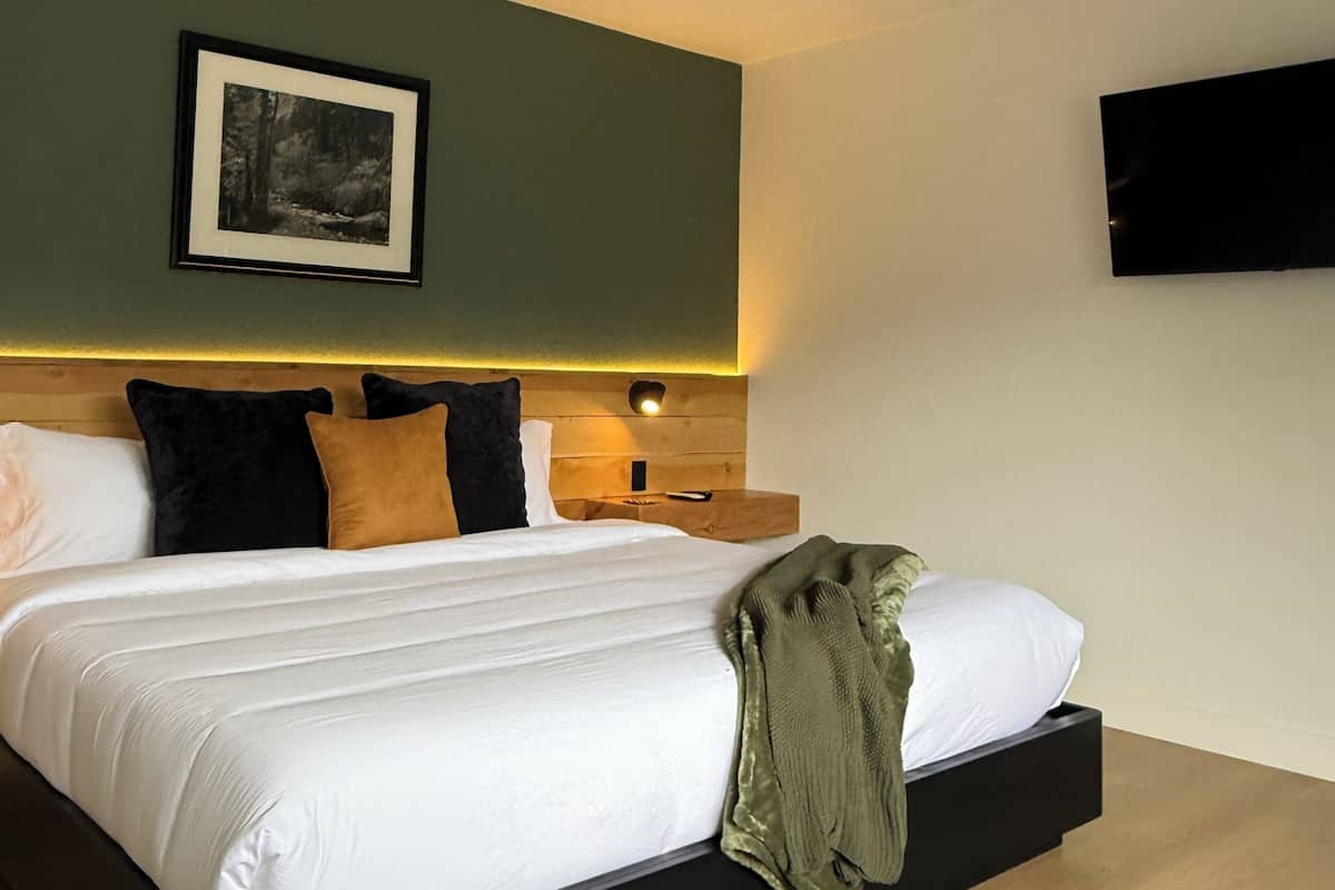 A hotel room with a bed, a ceiling fan, a mounted TV, and a framed picture on the wall.