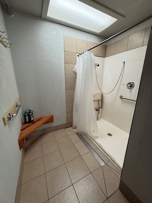 Shower, towels, soap, shampoo