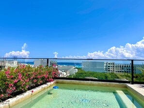 Ein Pool auf dem Dach mit klarem Wasser, umgeben von rosa Blumen und Blick auf das Meer und Gebäude.