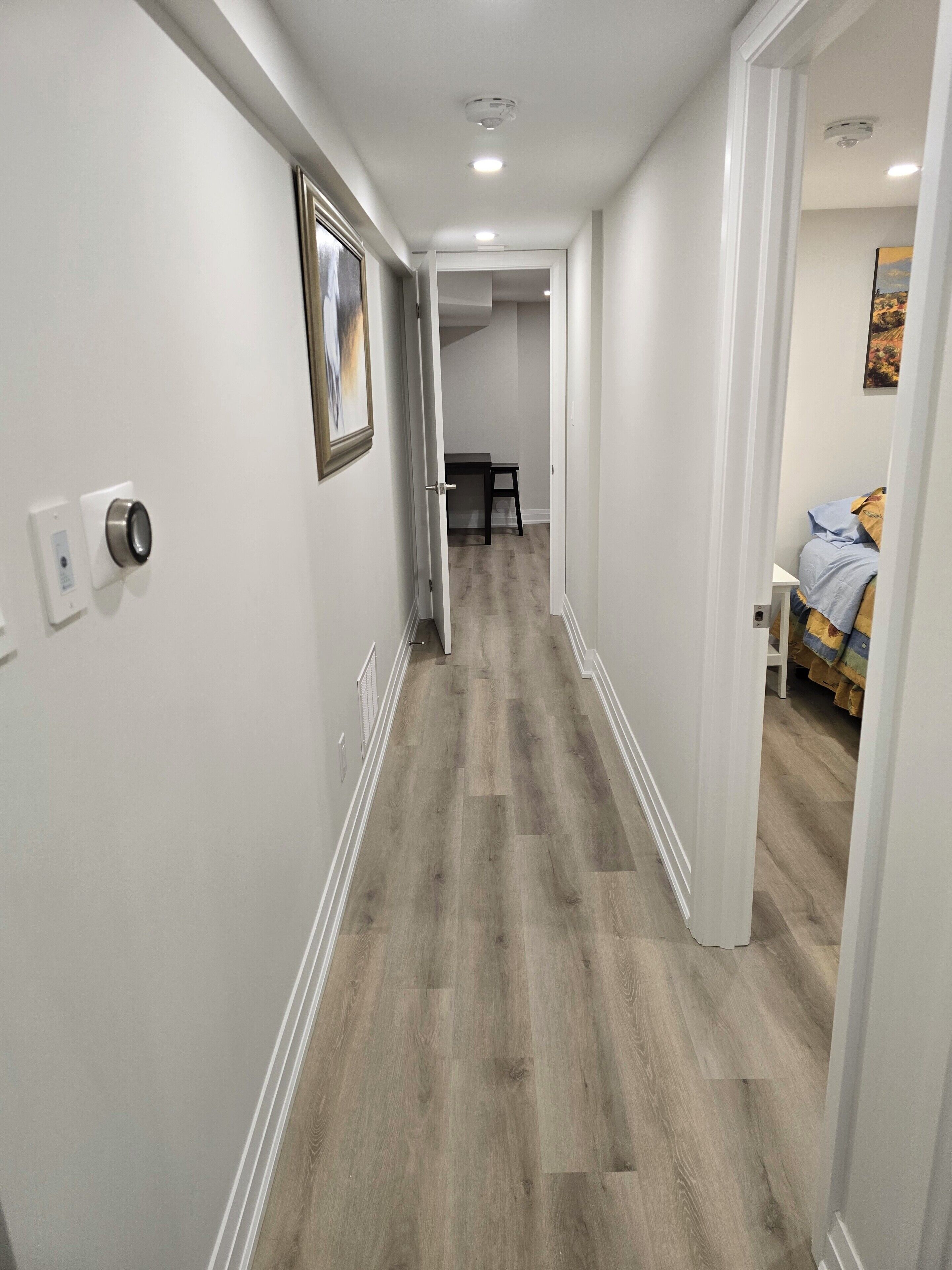A hallway with a wooden floor, white walls, a door with a security lock, and a framed picture on the wall.