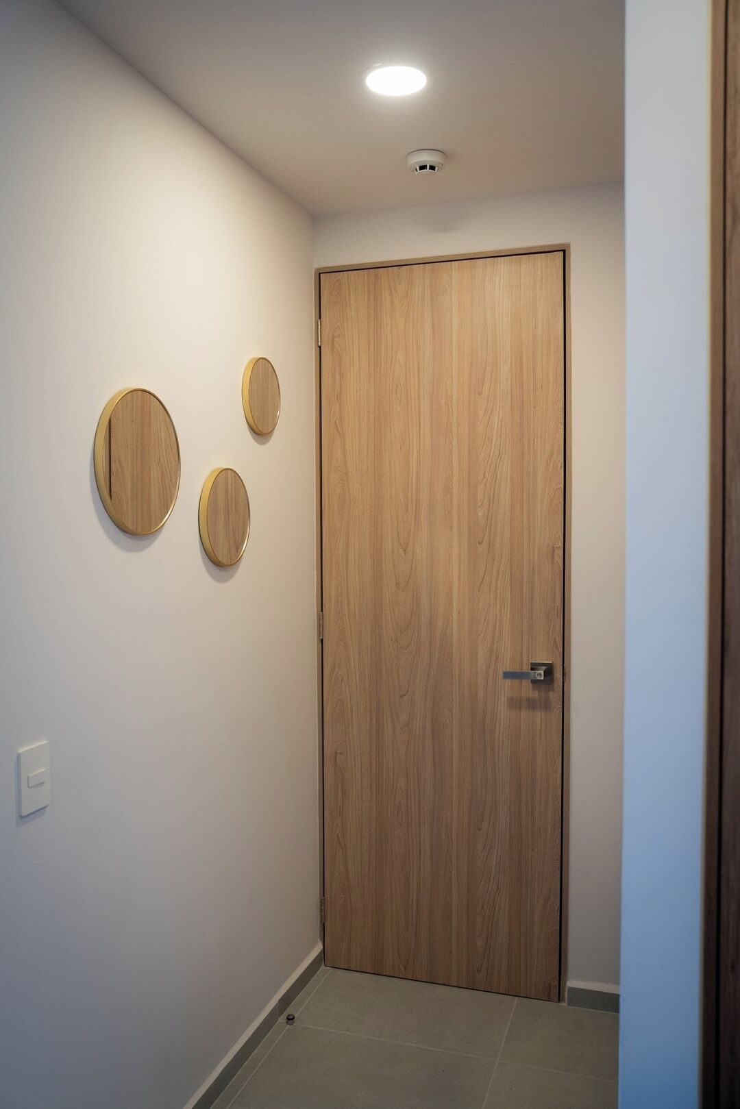 A closed wooden door with a modern handle, a recessed ceiling light, and three circular wall decorations.