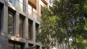 A modern building with large windows and a courtyard with dense foliage. - Mr. W | Modern 2 bedroom apartment in Providencia (Zapopan)