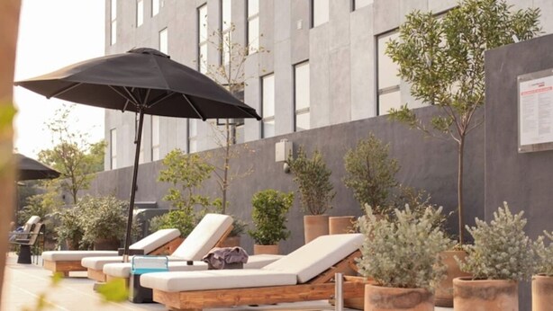 A rooftop pool area with lounge chairs, potted plants, and a staircase leading up.