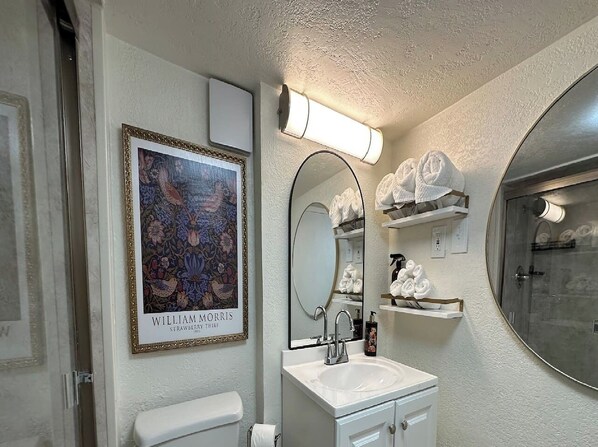 Un baño con una obra de arte enmarcada, un lavabo, un espejo y una ducha.