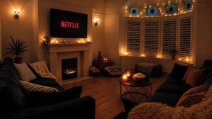 Ein gemütliches Wohnzimmer mit Kamin, einem Fernseher, der 'NETFLIX' anzeigt, und einer komfortablen Sitzecke.
