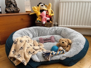 Un panier pour animaux de compagnie avec une couverture, un coussin en forme d’os, un ours en peluche et un panier rempli de jouets.