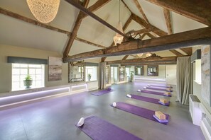 Ein Yoga-Studio mit Holzbalken, großen Fenstern und violetten Matten.