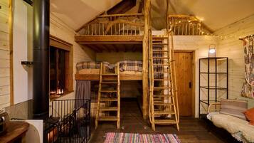A cozy cabin with a loft bedroom, a wooden ladder, a fireplace, and a cozy seating area.