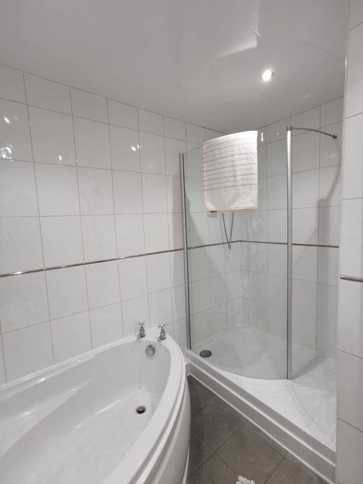 Shower, hair dryer, shampoo