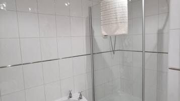 Shower, hair dryer, shampoo