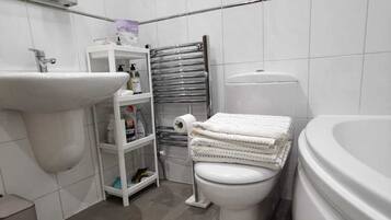 Shower, hair dryer, shampoo