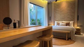 Villa luxueuse, 2 chambres, piscine privée | Literie hypoallergénique, minibar, rideaux d’obscurcissement
