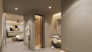 A modern bathroom with a large bathtub, a shower area, and a vanity with a mirror. - Sin Nombre Homes  (Badung)