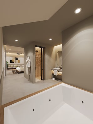 Un baño moderno con una bañera grande, una zona de ducha y un tocador con espejo.