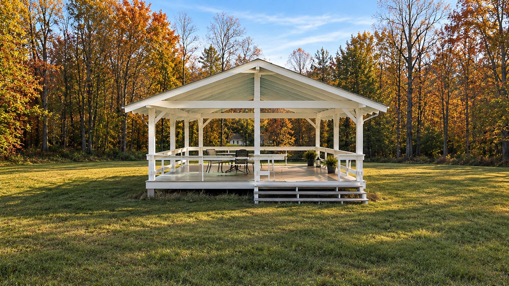 Um gazebo com varanda coberta, cercado por um campo gramado e árvores com folhagem outonal.