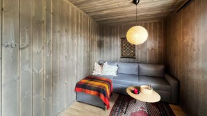 Una camera accogliente con un divano grigio, una coperta colorata, una lampada pendente rotonda e un tappeto fantasia.