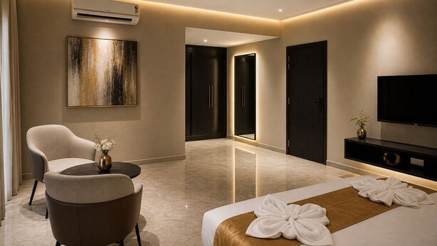 A modern hotel room with a bed, a chair, a TV, and an air conditioning unit.