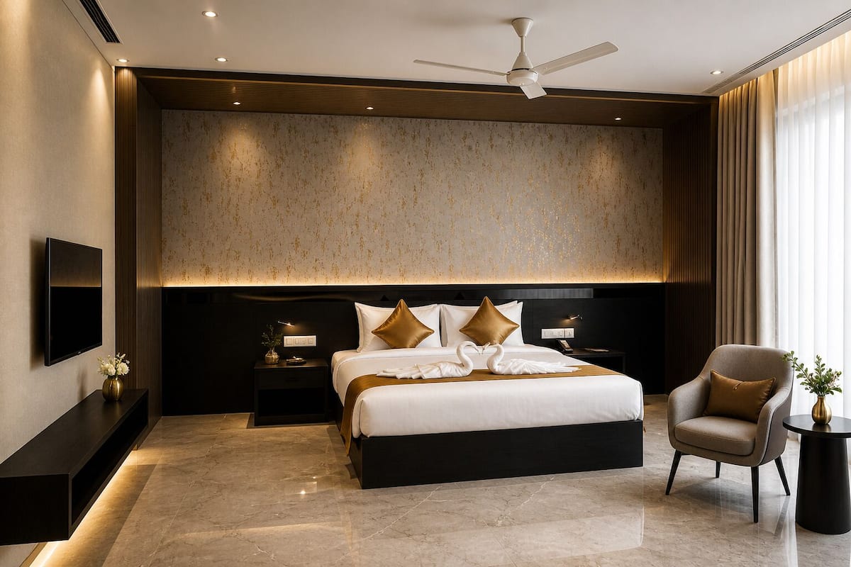 A modern hotel room with a large bed, a flat-screen TV, a ceiling fan, and a seating area with a chair and a side table.