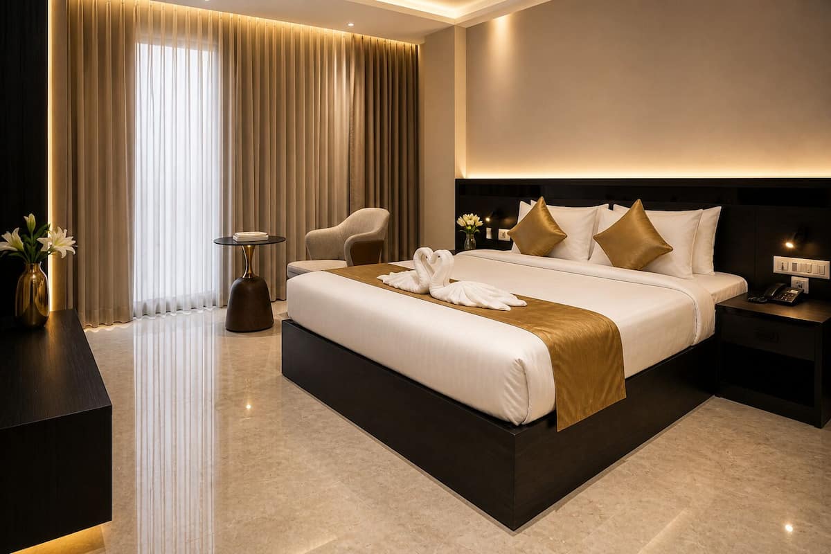 A modern hotel room with a large bed, a bedside table with a lamp, a chair, and a view of the city through large windows.