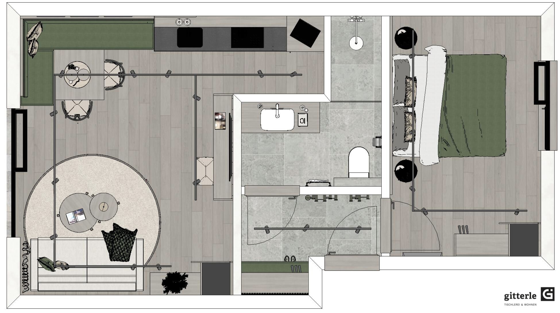 Plano de un cuarto de hotel que muestra una cama, una zona de estar con mesa y sillas, un baño y una kitchenette pequeña.