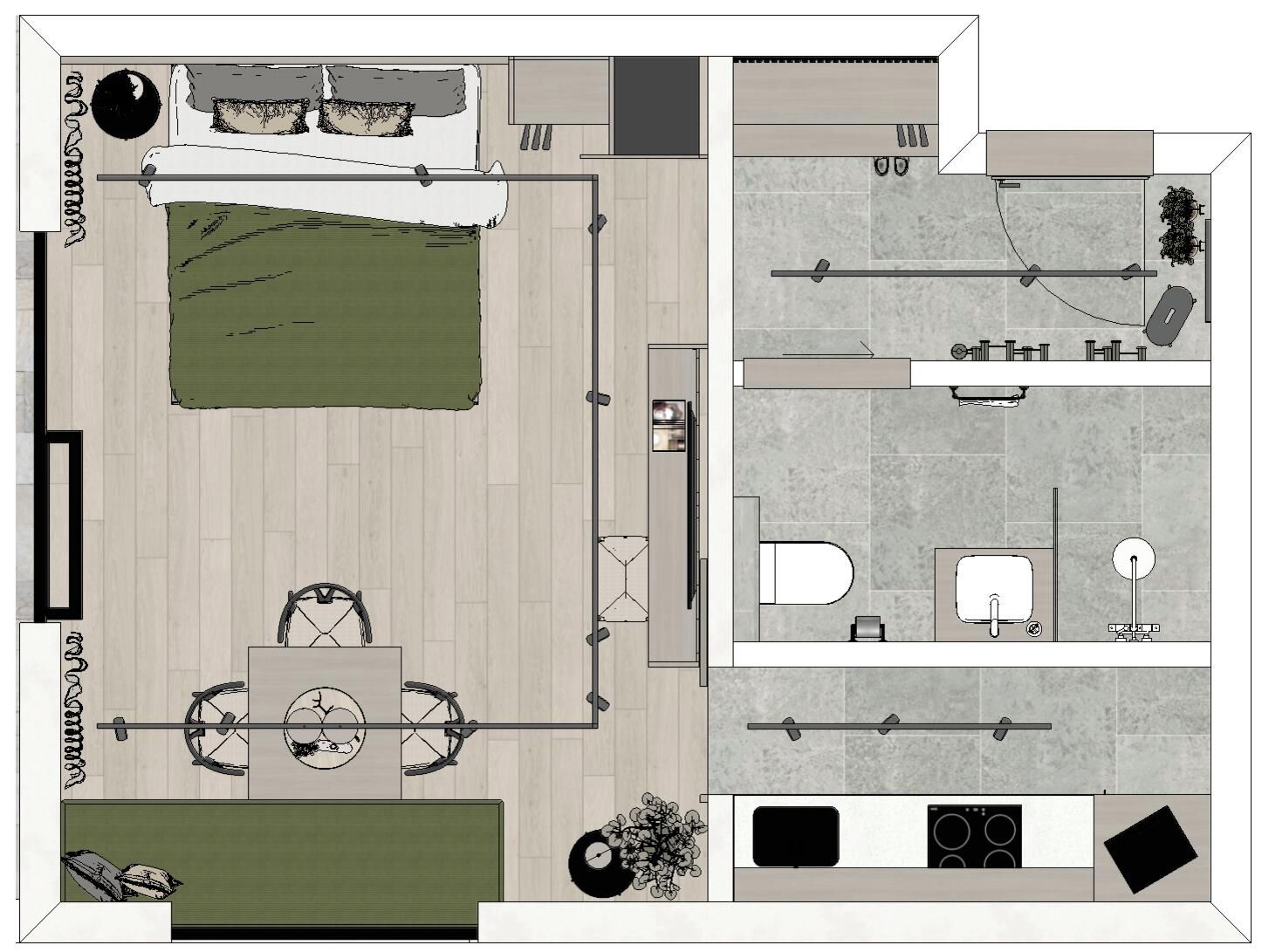 Plano de planta que muestra un comedor, cocina y un pequeño espacio al aire libre.