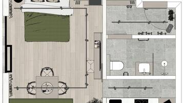 Plano de planta que muestra un comedor, cocina y un pequeño espacio al aire libre.