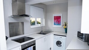 Una cocina compacta con estufa, lavabo y lavadora integrada.