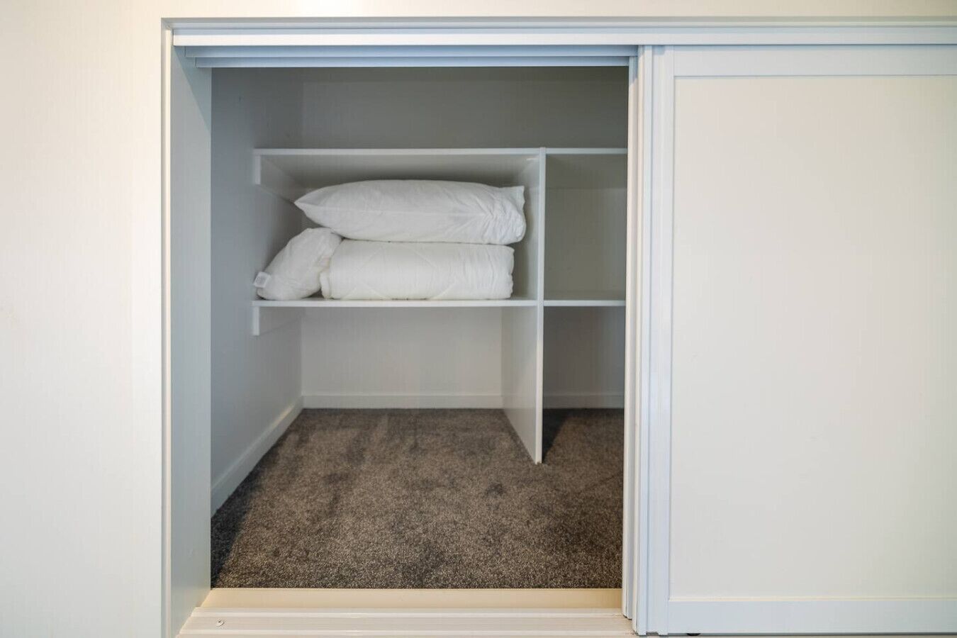 A walk-in closet with shelves and a carpeted floor.