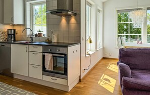 A modern kitchen with a central island, built-in oven, and a window overlooking greenery. - Stunning home in Gotlands Tofta (Gotlands Tofta)