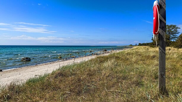Ein Strand mit einem hölzernen Pfosten und einer roten Boje, strahlend blauem Himmel und ruhiger See.