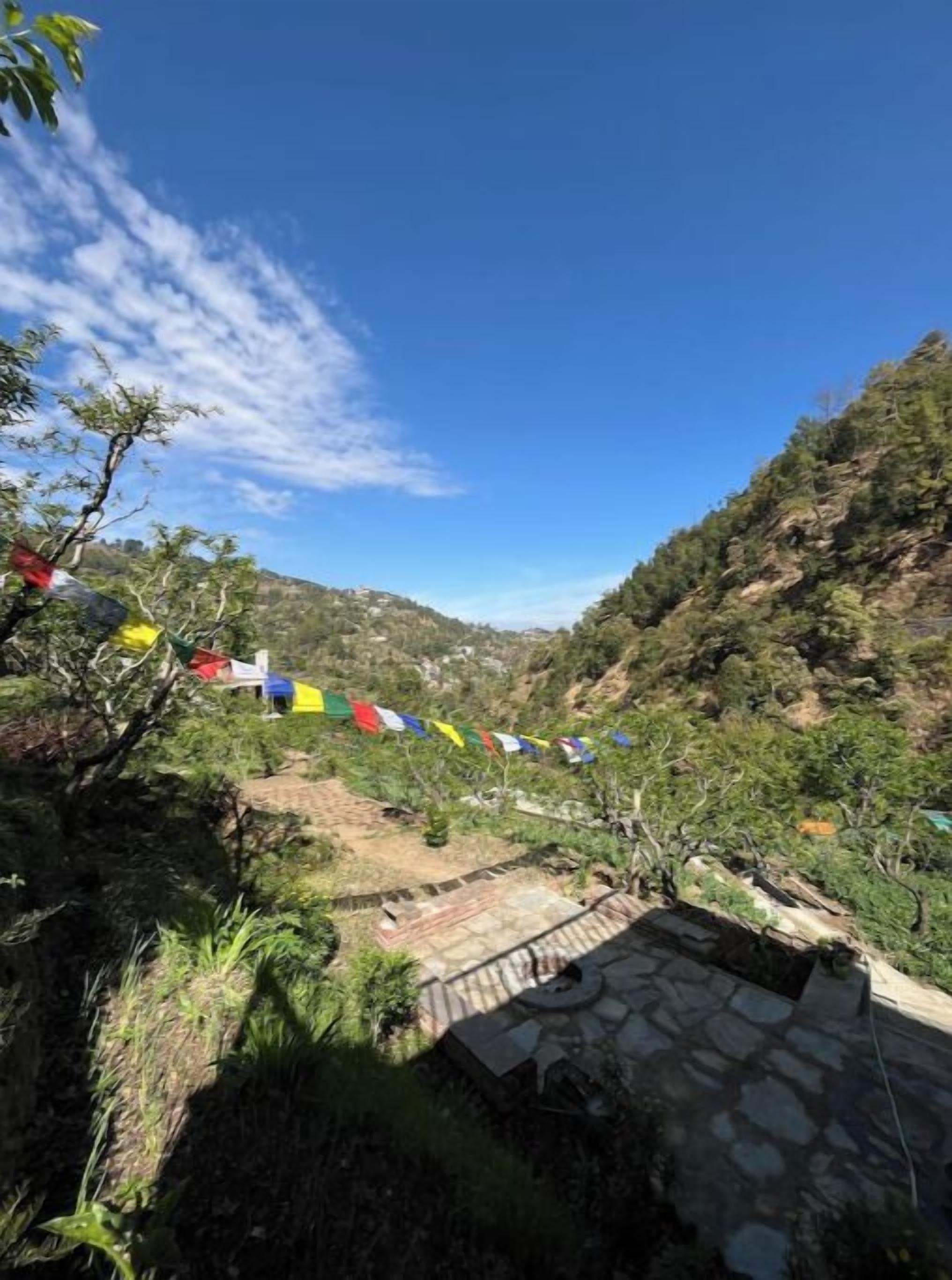 A mountainous landscape with a clear sky, a stone pathway, and colorful prayer flags.
