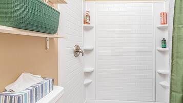 Hair dryer, towels, soap, toilet paper