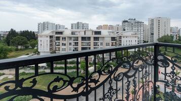 Un balcó amb barana de metall negre decorativa que domina una zona residencial amb edificis d'altes plantes.