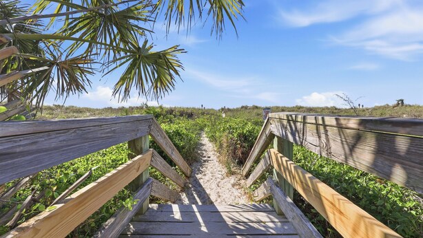 A wooden boardwalk leading to a beach, surrounded by greenery and palm trees. - Oceanfront 3BD/2BA-First Floor-Beautifully Decorated-Family Friendly (North Myrtle Beach)