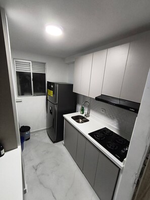 Frigorífico, placa de cocina, cafetera o tetera y utensilios de cocina