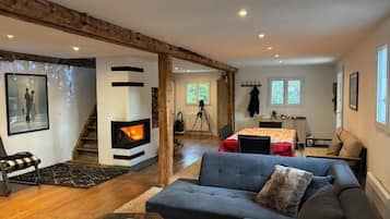 TV, fireplace, books