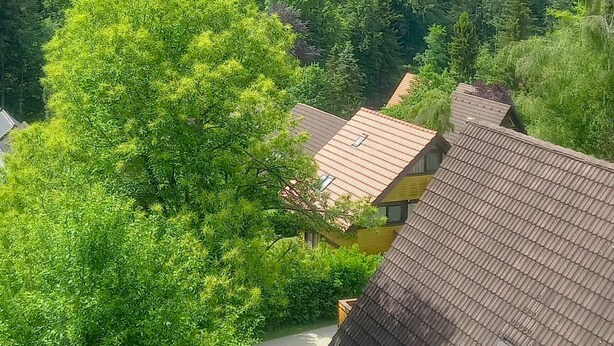 A residential area with houses, a forested hill, and a clear sky. - Vacation apartment Lärch 17c (Siegsdorf)