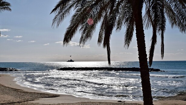 Ein Strand mit Palmen, ein Boot in der Ferne und eine Felsformation.
