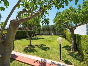 Ein gepflegter Garten mit geschnittenen Hecken, einem Weg und einem Baum mit ungewöhnlicher Stammform.