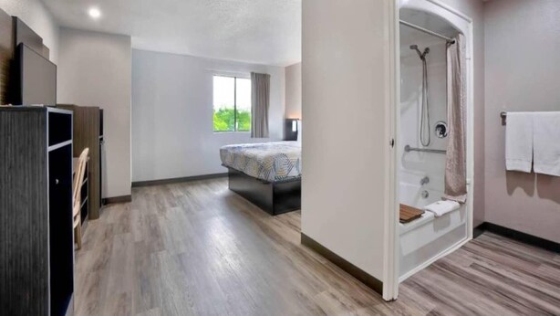 Una camera d'albergo moderna con un letto grande, una doccia a filo pavimento e vista sul verde.