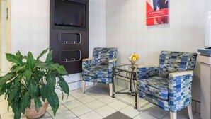 A reception area with two patterned chairs, a potted plant, a wall-mounted TV, and a poster.