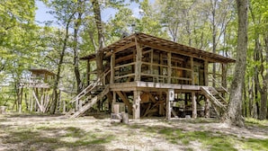 A wooden cabin with a staircase, surrounded by trees. - Mountain Tree House w/ Views in Maysville (Maysville)