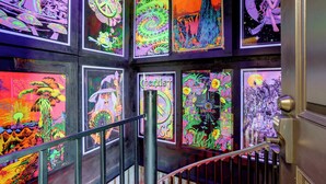 A staircase with vibrant, psychedelic artwork on the walls. - Mountain Tree House w/ Views in Maysville (Maysville)