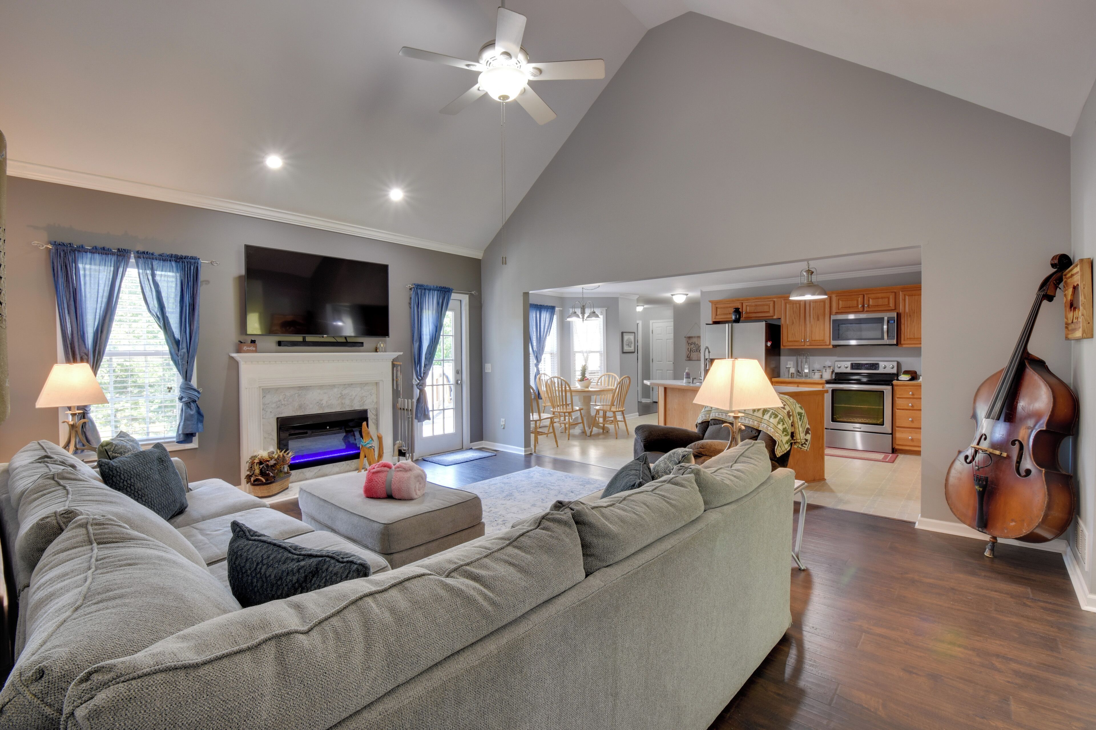 TV, fireplace, books