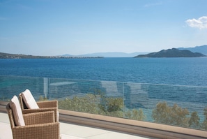 Ein Korbstuhl mit Kissen an einer Glasbalustrade mit Blick auf ein Gewässer und die entfernte Landschaft.