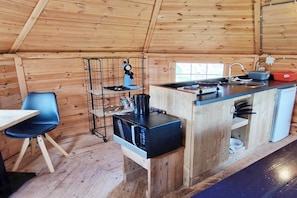 Een kleine keuken met een magnetron, fornuis en spoelbak.